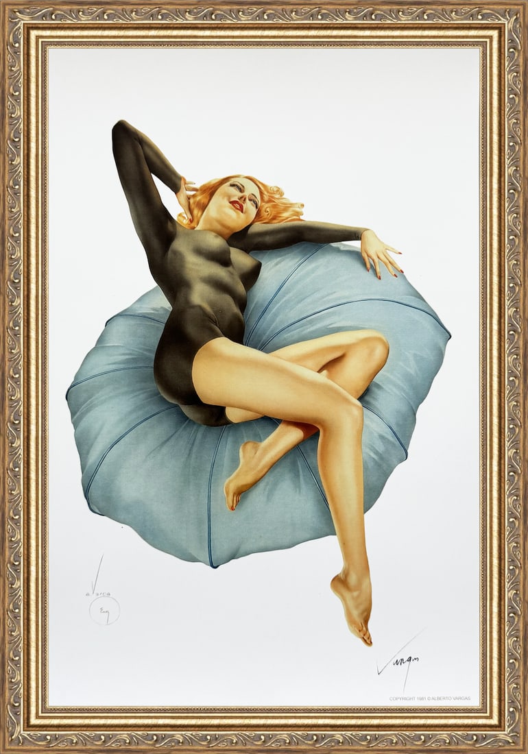 Alberto Vargas Signed "Pillow Talk" Esquire illustration 1940's: This 11" x 17" Alberto Vargas pin-up print was created between 1979 and 1984 at a store called The Pin-up Shop in Las Vegas—a specialty boutique backed by Playboy President Derrick J. Daniels as a k