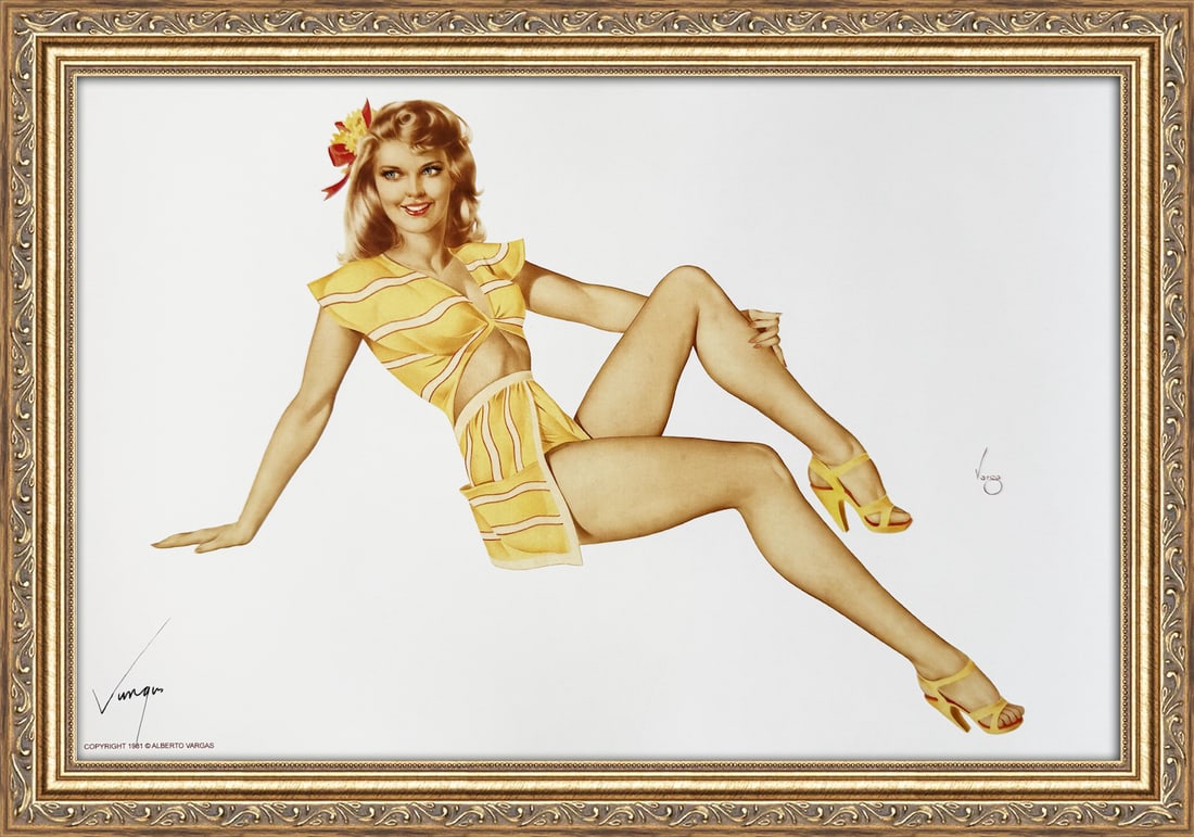 Alberto Vargas Signed Pin-up In Yellow Dress 1940's: This 11" x 17" Alberto Vargas pin-up print was created between 1979 and 1984 at a store called The Pin-up Shop in Las Vegas—a specialty boutique backed by Playboy President Derrick J. Daniels as a k