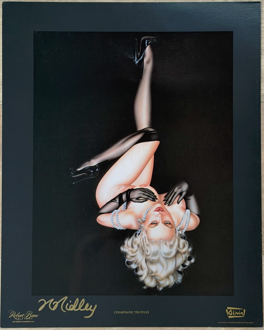 Olivia De Berardinis – "Champagne Truffles" Hand-Signed by Model Rhonda Ridley: This is a glamorous and playful model hand-signed offset lithograph titled "Champagne Truffles" by the legendary pin-up artist Olivia De Berardinis (b. 1948), whose hyper-detailed, airbrushed fantasy