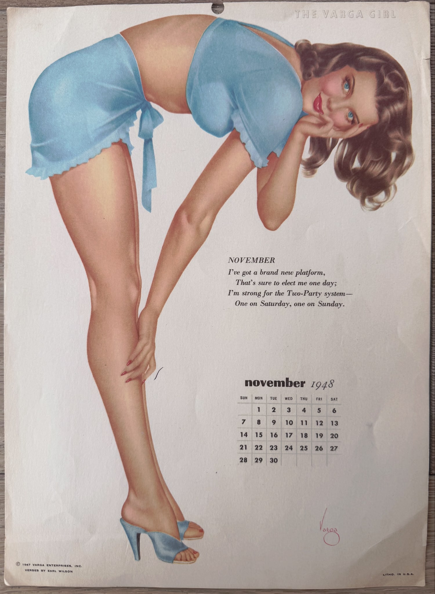 Alberto Vargas Artist Proof "The Varga Girl" September 1948 Calendar: This is an artist proof from The Vargas Estate and was used while he was creating his famous calendars.