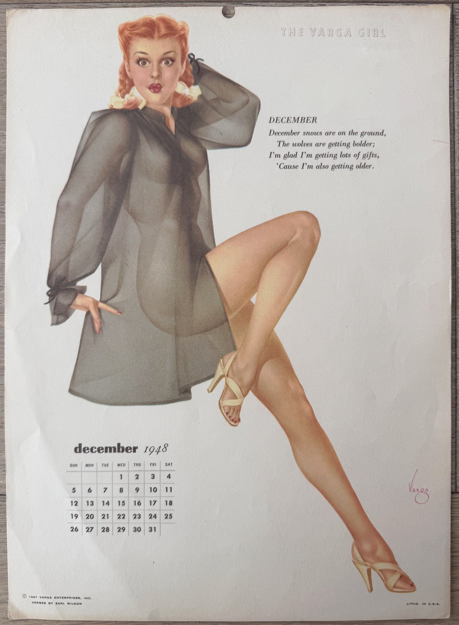 Alberto Vargas Artist Proof "The Varga Girl" December 1948 Calendar: This is an artist proof from The Vargas Estate and was used while he was creating his famous calendars.