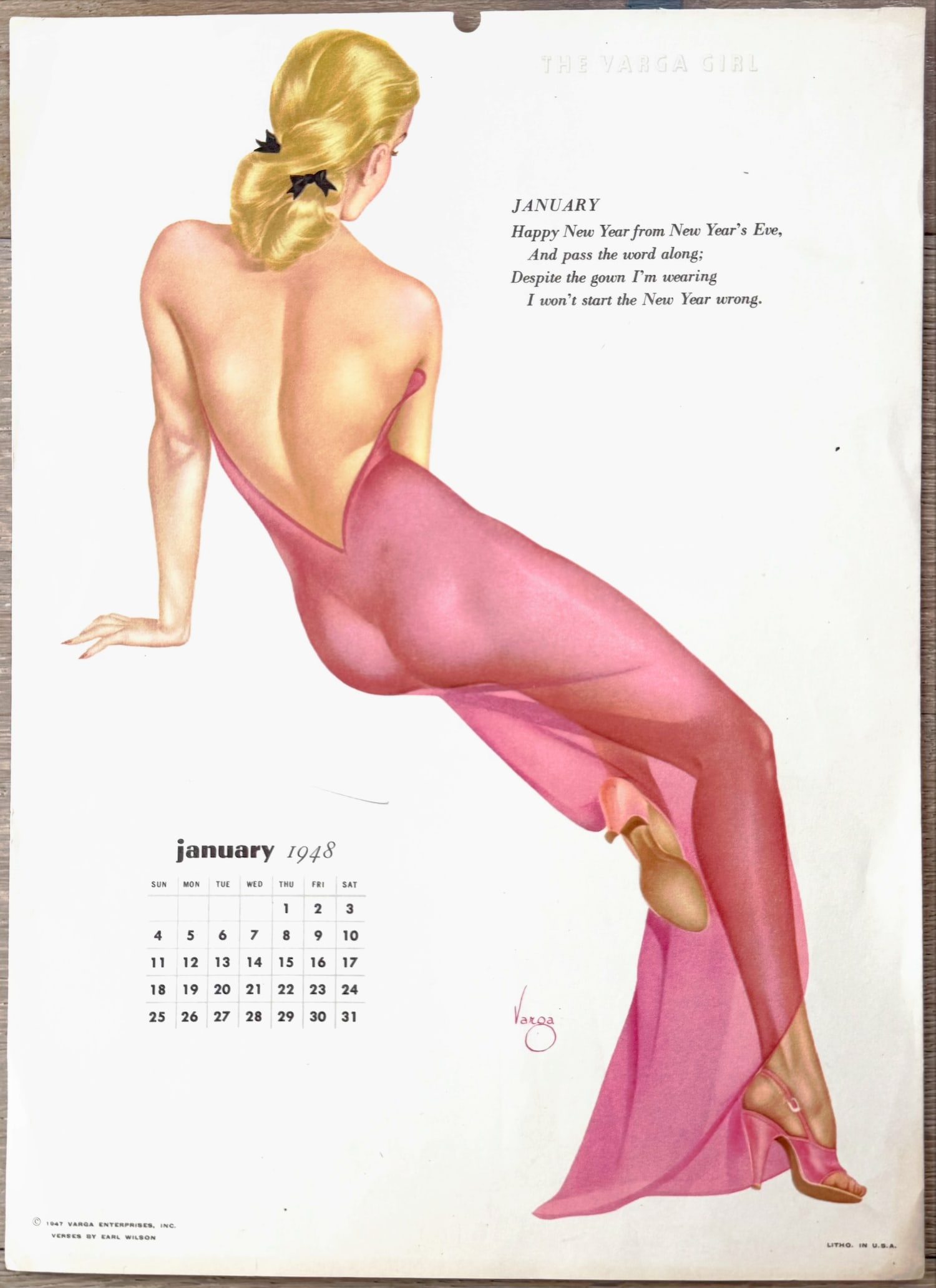 Alberto Vargas Artist Proof "The Varga Girl" January 1948 Calendar: This is an artist proof from The Vargas Estate and was used while he was creating his famous calendars.