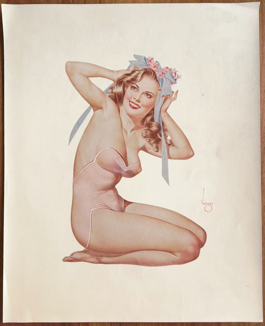Alberto Vargas EXTREMELY RARE Print With Painted Bikini - Unreleased Esquire Pin-up: This stunning original artwork is by legendary pin-up artist Alberto Vargas (1896–1982), the undisputed king of the genre. The piece captures a radiant blonde beauty in a playful, seductive kneeling