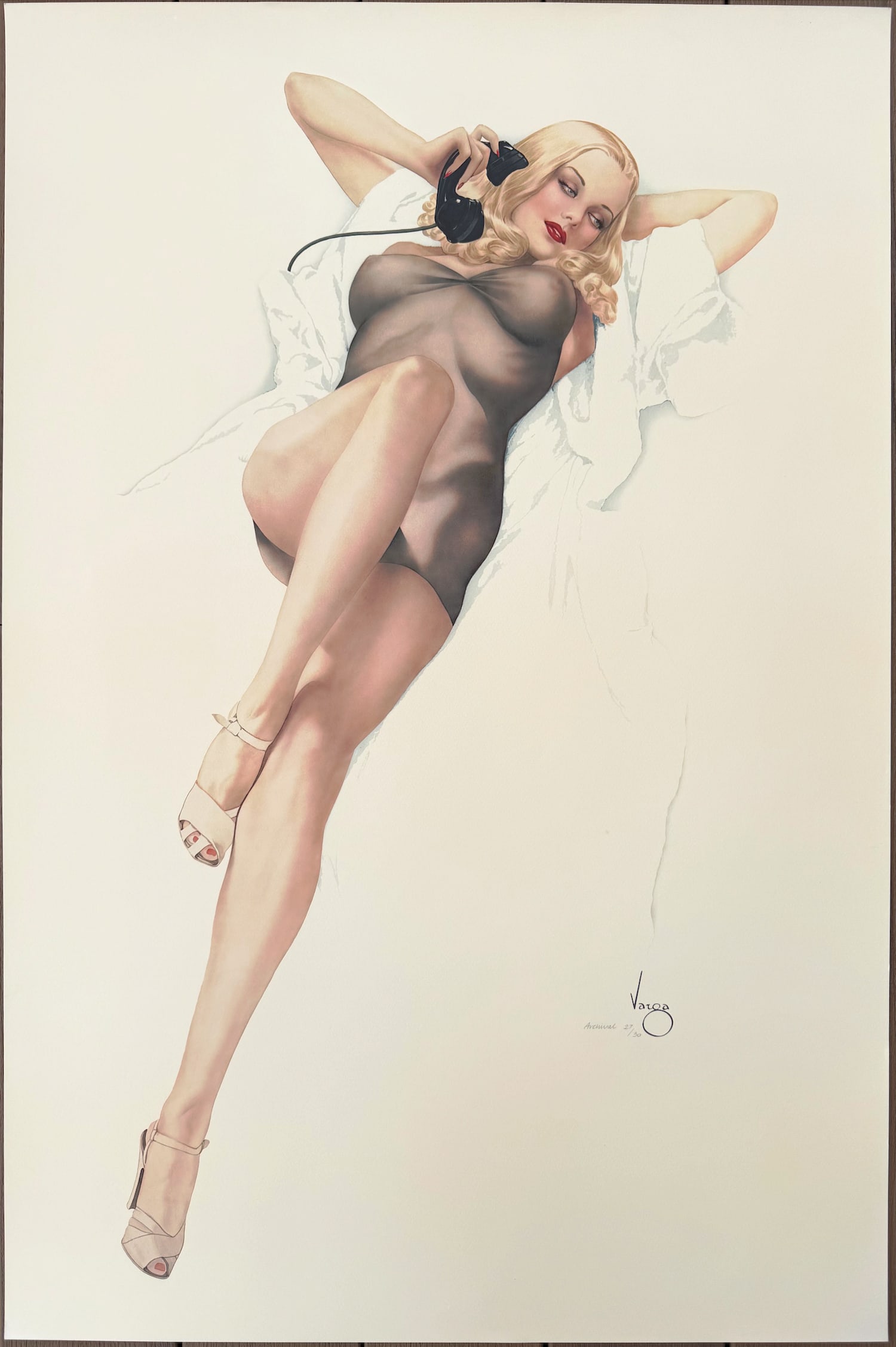 Alberto Vargas "First Love" San Fransisco Art Exchange 1986 20/30 Archival: This painting is historic in that it was the very first Vargas Girl ever published by Esquire magazine. It appeared as a gatefold in the October 1940 issue. This blonde beauty, whispering words of pas