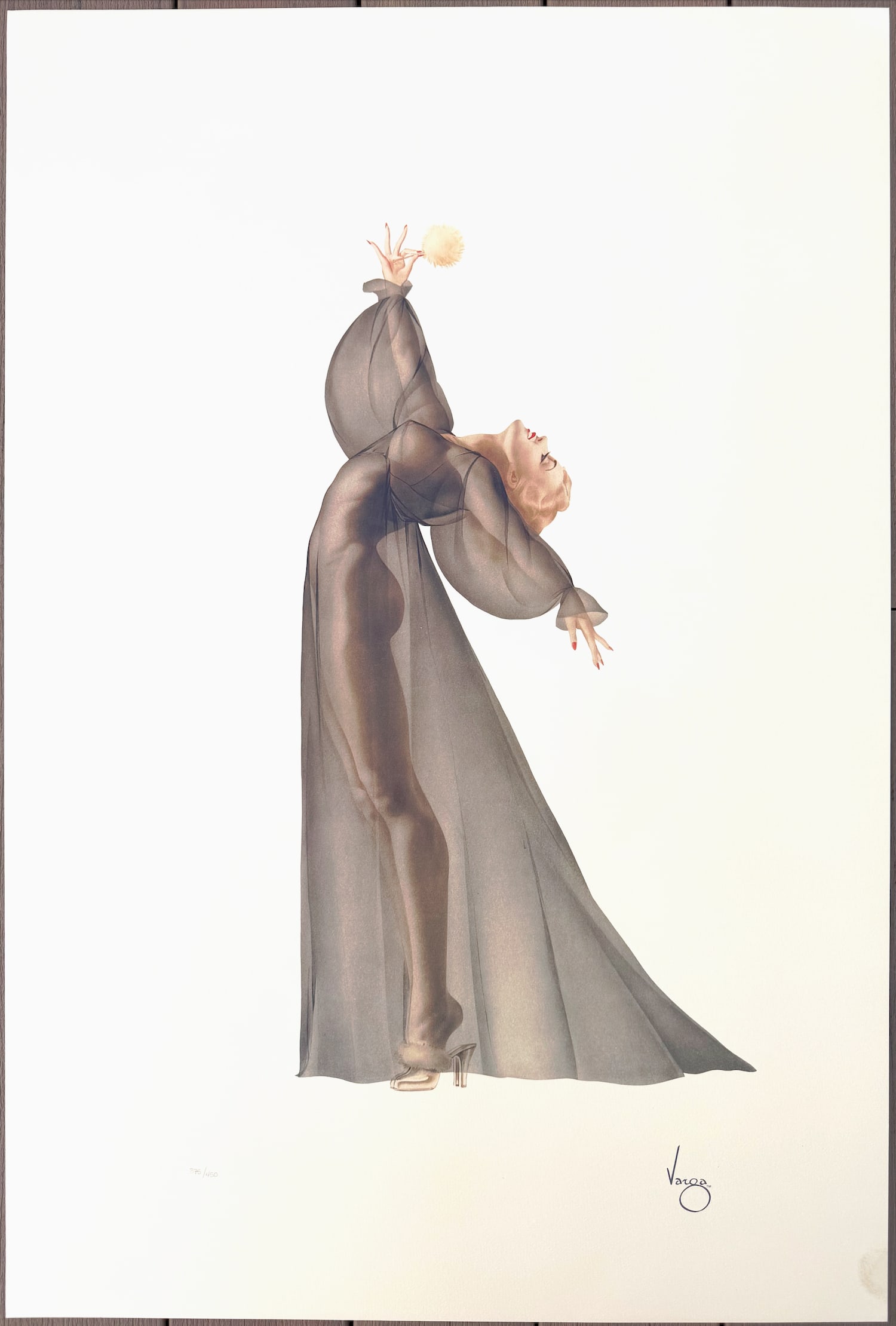 Alberto Vargas "Sheer Elegance" San Francisco Art Exchange 375/450: Alberto Vargas's lithograph "Sheer Elegance" is a captivating example of his iconic pin-up style. It features a graceful, statuesque woman posed with poise and subtle sensuality, rendered in his signa