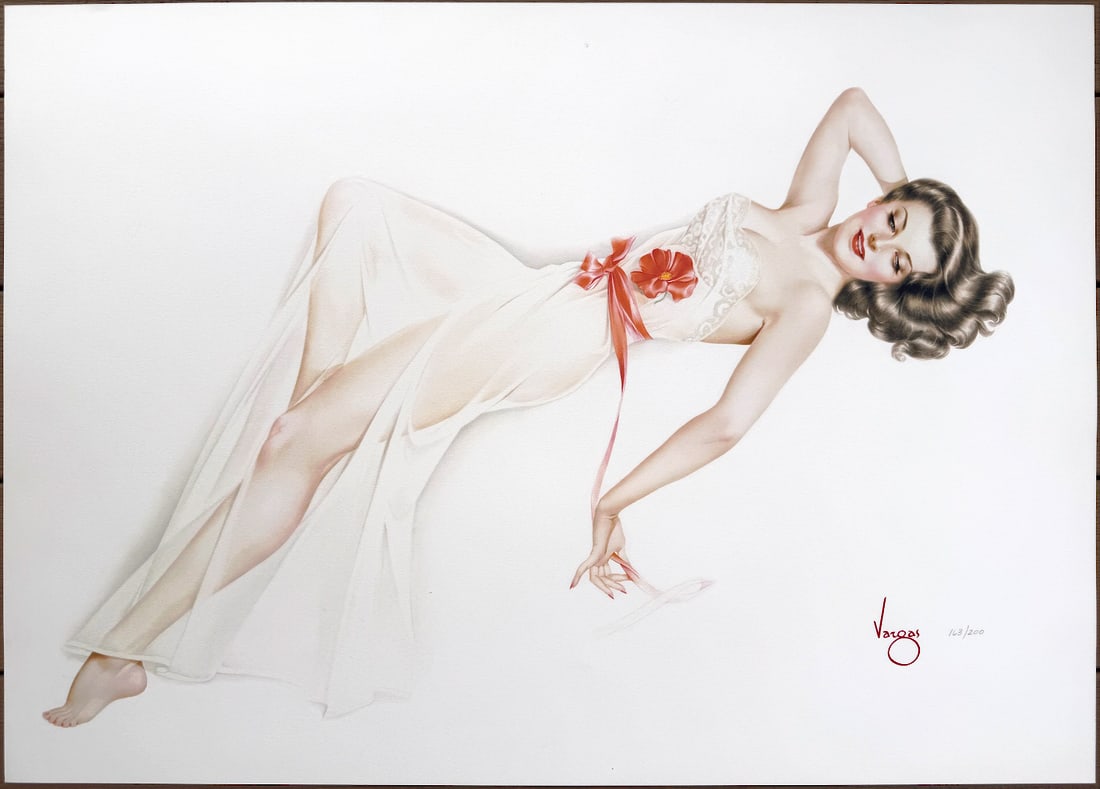 Alberto Vargas "Red Ribbon" 163/200: "Red Ribbon" is an image of subtle charm and grace. From her sensitive portrait and luxuriant hair, to the ethereal drapery of her gown, this reclining beauty exemplifies Vargas' pure admiration of th