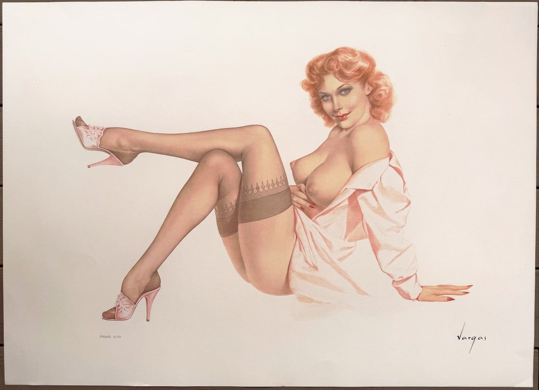 Legacy Nude #11, Silk Stockings 9/50 Estate, 1956: Emanating an elegant coquetry from a bygone era, and with a buoyant disposition, this beauty both fascinates and charms us. Vargas’ luscious portrayal of her slippers and stockings is unique and mem