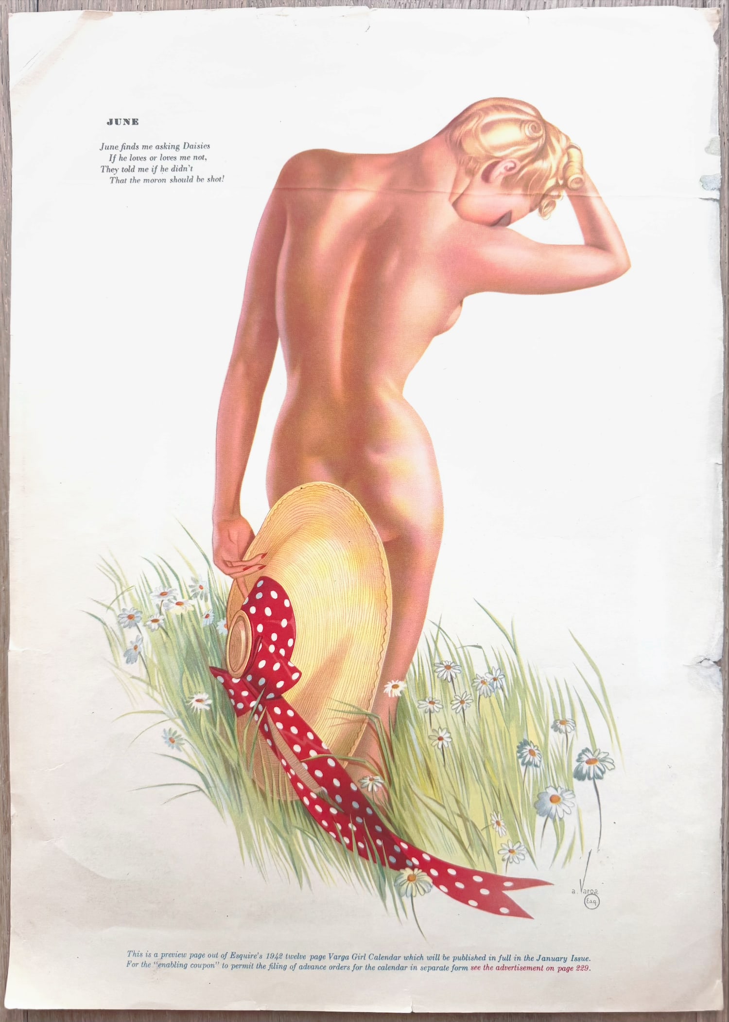 Alberto Vargas Artist Proof Calendar June: This was used in the creation of the 1948 Vargas Girls Calendar.