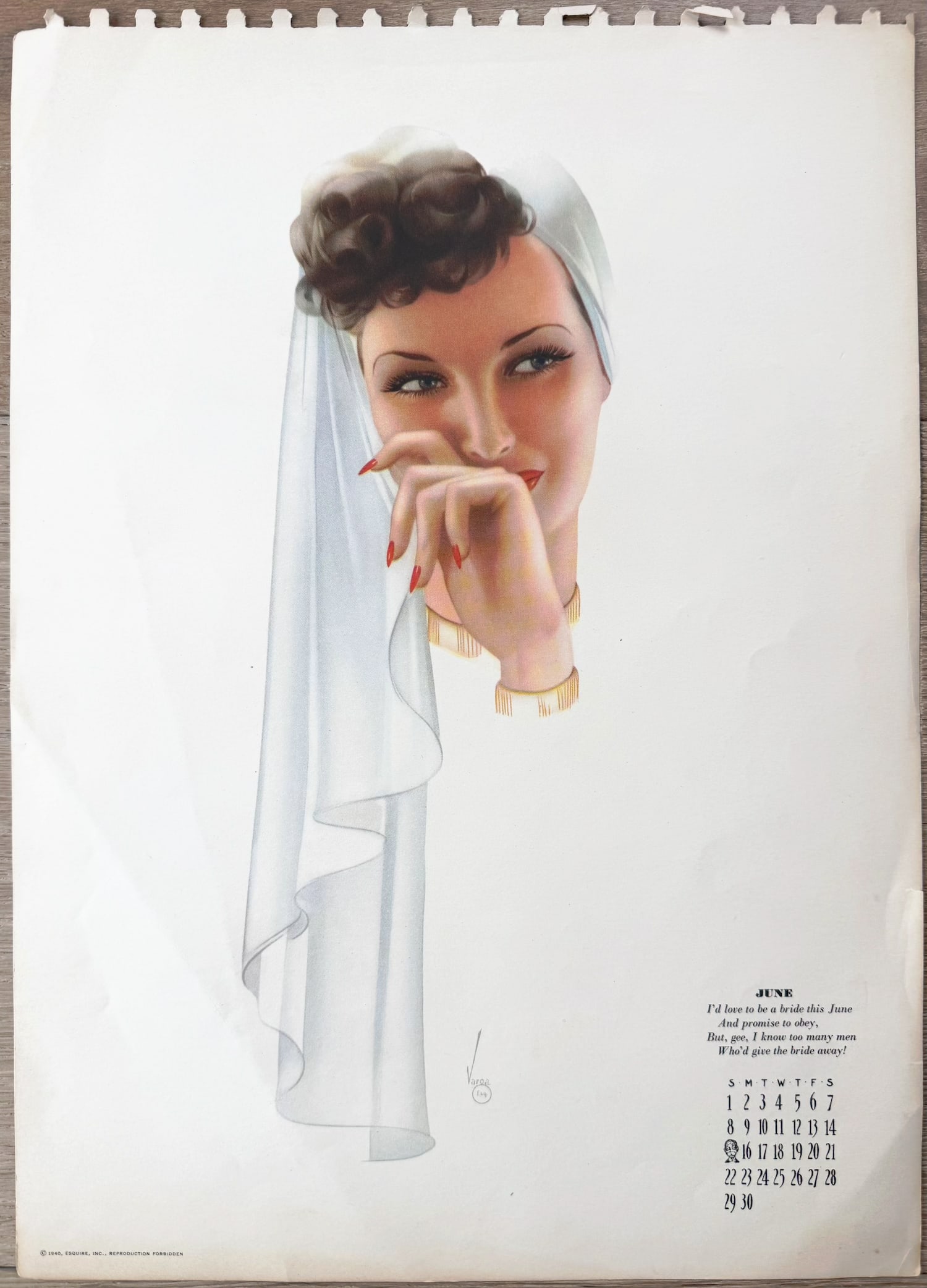 Alberto Vargas Artist Proof Esquire Calendar June 1940: This Is an Artist Proof of June 1940 Esquire Pin Up Girl from Alberto Vargas's estate.