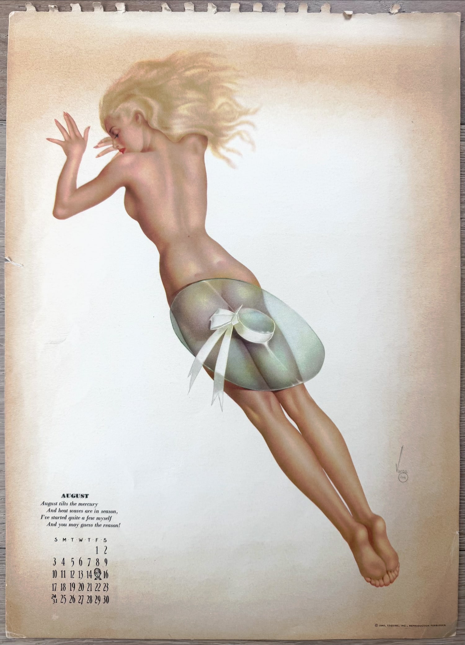 Alberto Vargas Artist Proof Esquire Calendar August 1941: This Is an Artist Proof of August 1941 Esquire Pin Up Girl from Alberto Vargas's estate.