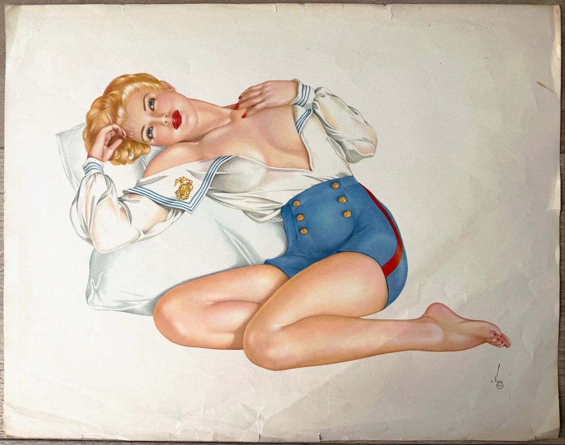 Alberto Vargas Esquire Artist Proof "Navy Girl": Blonde bombshell in a revealing U.S. Marine sailor blouse and blue shorts, reclining seductively on a pillow with signature Alberto Vargas curves and bedroom eyes. Classic 1940s Esquire pin-up perfect