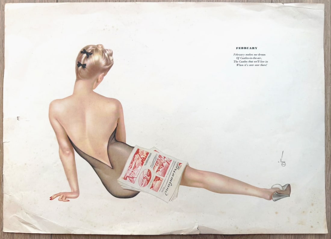 Alberto Vargas Esquire Calendar Artist Proof February 1942: Alberto Vargas Esquire classic: blonde beauty viewed from behind in sheer black stockings and heels, black bows in her hair, casually reading a magazine with legs elegantly extended. Features original