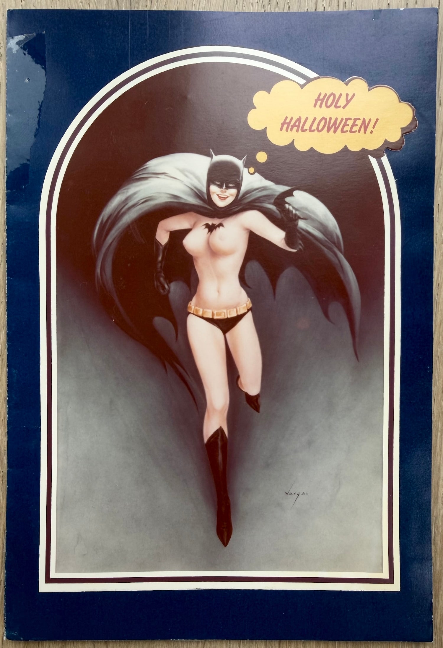 Bat Girl Halloween Invitation for The Playboy Mansion HEF'S HAUNTED MANSION 1980: An original vintage Halloween party invitation for the annual event at Hugh Hefner's Playboy mansion. Art by Alberto Vargas with a die cut panel on the front. The card has been a scrapbook and has the