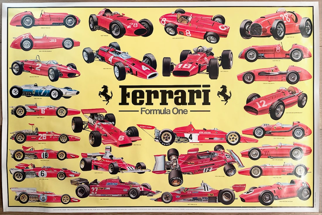 Vintage 1985 Ferrari Formula One History Poster by Ken Rush for Automobile Quarterly Magazine: 1985 Ken Rush Ferrari Formula One Poster Vintage large-format print featuring 27 iconic red Ferrari F1 cars on yellow background. Original artwork by Ken Rush, published by Automobile Quarterly. Excel