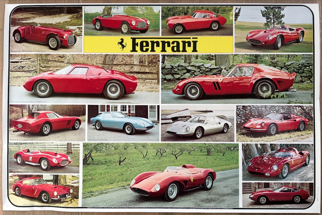 Original 1975 Ferrari Poster from Automobile Quarterly: This is a vintage Ferrari 1947-1973 History car poster featuring a collage of classic Ferrari 250 series models.