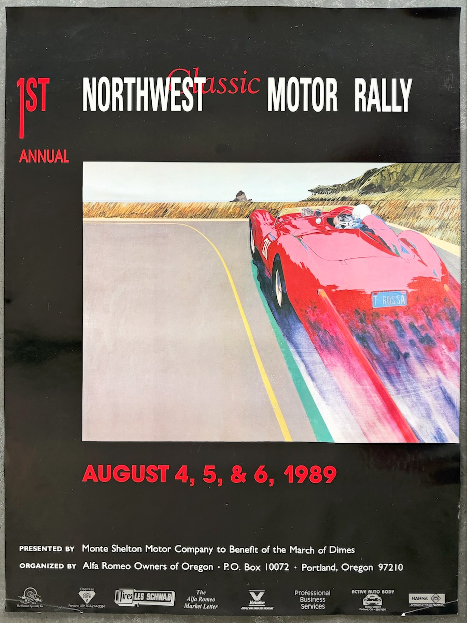 1st Annual Northwest Classic Motor Rally Poster: This poster promotes the 1st Annual Northwest Classic Motor Rally, a pioneering Time-Speed-Distance (TSD) rally for classic cars (generally pre-1985 models). TSD rallies emphasize precision navigation