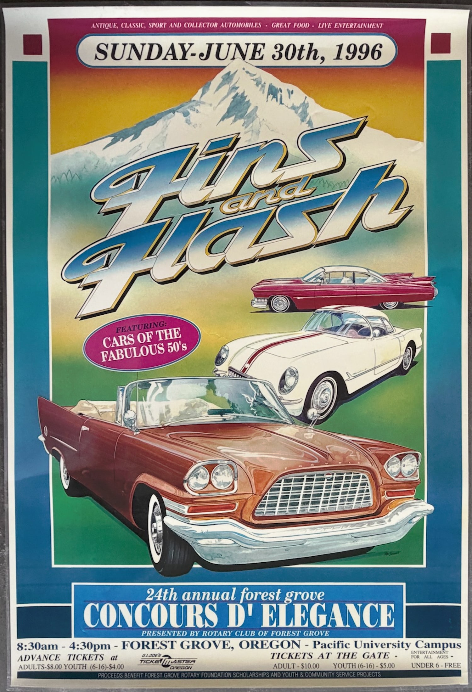 1996 Fin Flash Forest Grove Concours d'Elegance Poster: This eye-catching promotional poster hails from the 24th Annual Forest Grove Concours d'Elegance, a cornerstone of Oregon's classic car scene held on Sunday, June 30, 1996 (note: June 30 fell on a Sun