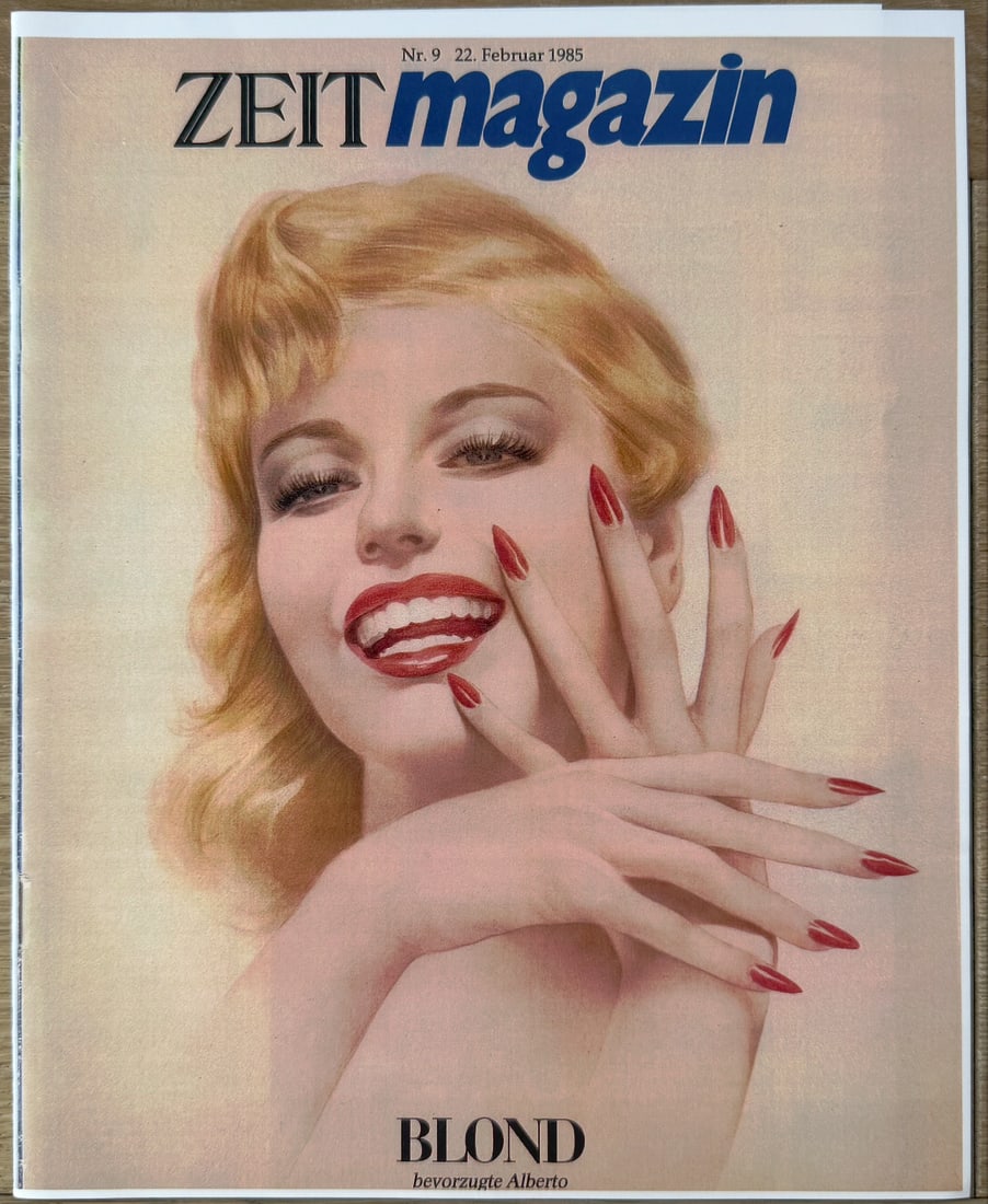 Alberto Vargas Artist Proof Paper Calendar February 1948: This image is the cover of the German magazine ZEITmagazin, issue number 9, dated February 22, 1985. The cover features a pin-up illustration of Marilyn Monroe, originally created by artist Alberto Va