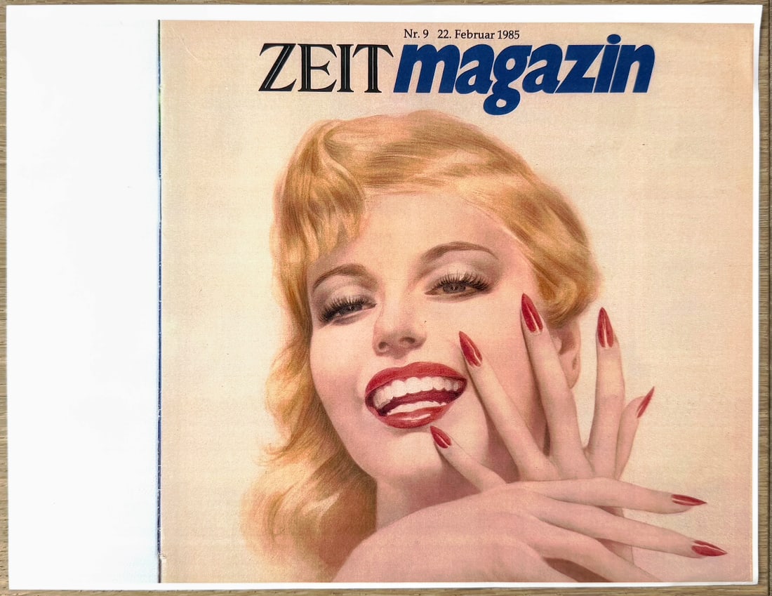 Alberto Vargas ZEITmagazin 1985 Artist Proof Image: This image is the cover of the German magazine ZEITmagazin, issue number 9, dated February 22, 1985. The cover features a pin-up illustration of Marilyn Monroe, originally created by artist Alberto Va