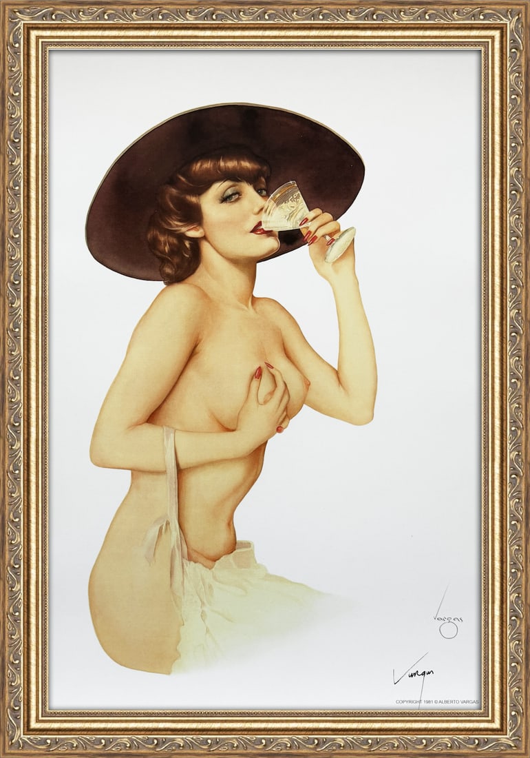 Alberto Vargas Signed "Martini Time" 1935: This 11" x 17" Alberto Vargas pin-up print was created between 1979 and 1984 at a store called The Pin-up Shop in Las Vegas—a specialty boutique backed by Playboy President Derrick J. Daniels as a k