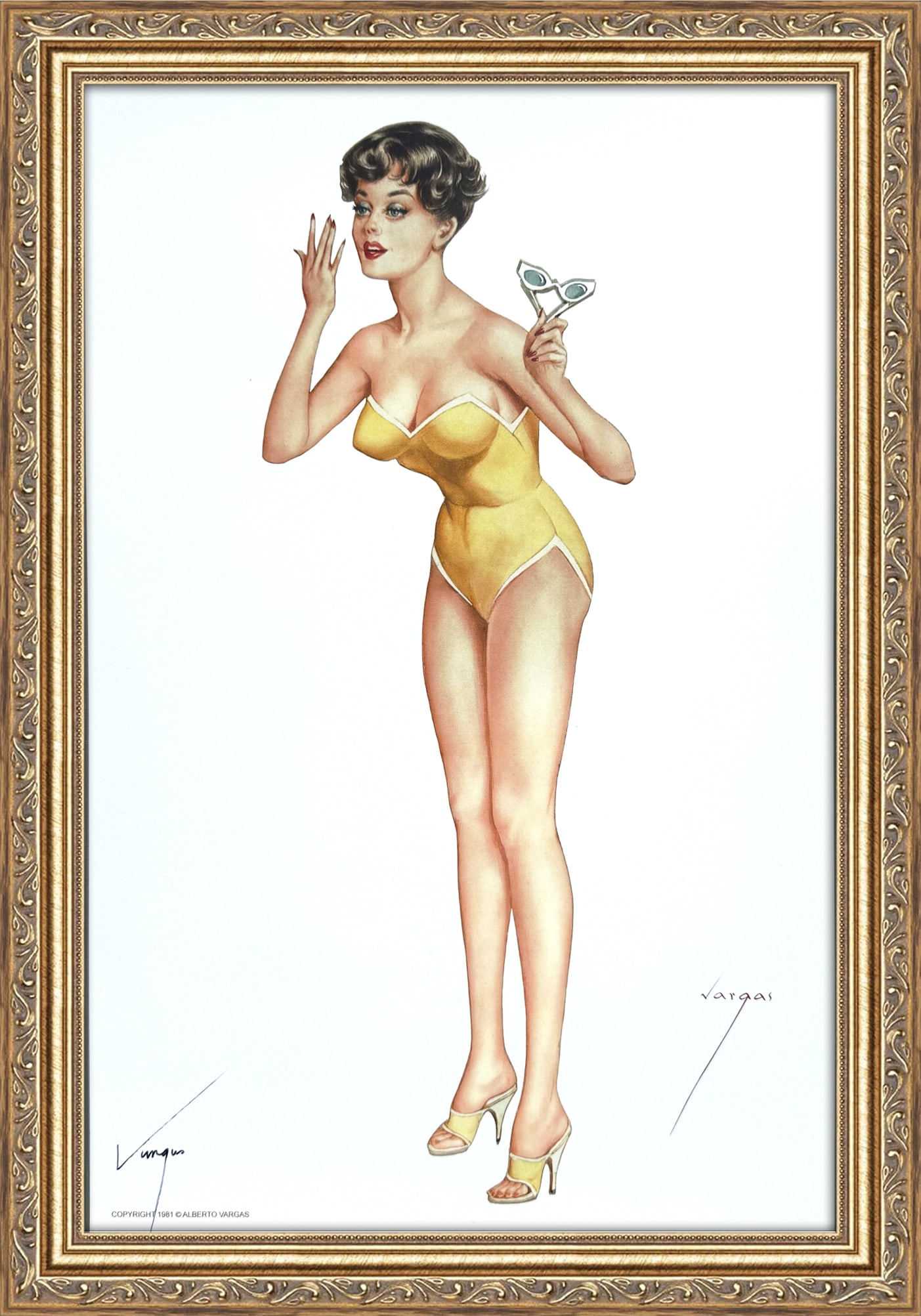 Alberto Vargas Signed Rare Hidden In Cover Of Playboy August 1961: This 11" x 17" Alberto Vargas pin-up print was created between 1979 and 1984 at a store called The Pin-up Shop in Las Vegas—a specialty boutique backed by Playboy President Derrick J. Daniels as a k