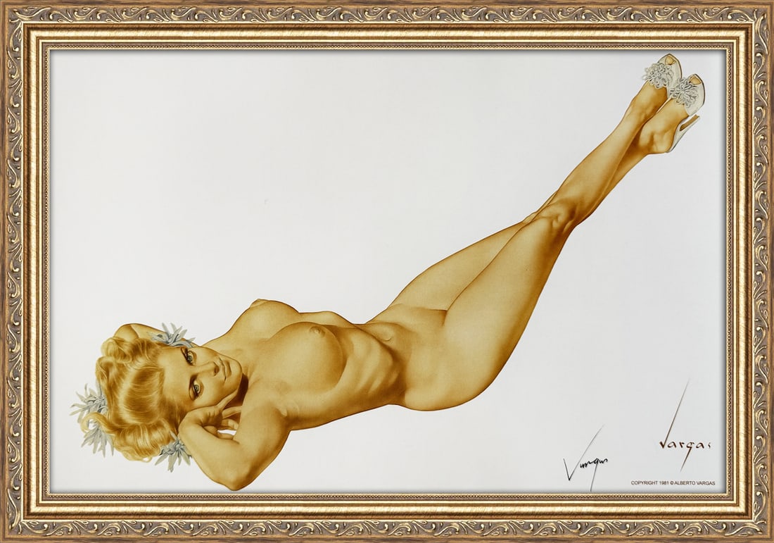 Alberto Vargas Signed Legacy Nude First Playboy March 1957: This 11" x 17" Alberto Vargas pin-up print was created between 1979 and 1984 at a store called The Pin-up Shop in Las Vegas—a specialty boutique backed by Playboy President Derrick J. Daniels as a k