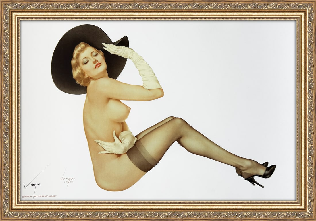 Alberto Vargas Signed "Black Notes" 1936: This 11" x 17" Alberto Vargas pin-up print was created between 1979 and 1984 at a store called The Pin-up Shop in Las Vegas—a specialty boutique backed by Playboy President Derrick J. Daniels as a k