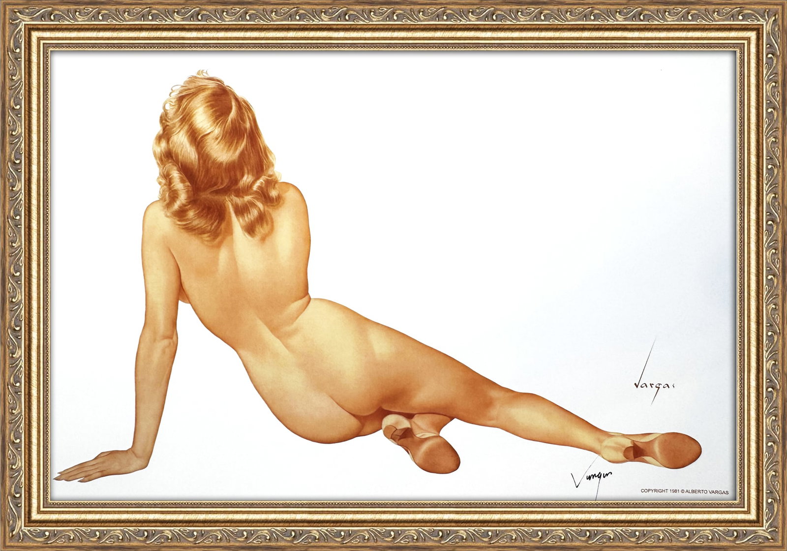 Alberto Vargas Signed Her Back View 1940's: This 11" x 17" Alberto Vargas pin-up print was created between 1979 and 1984 at a store called The Pin-up Shop in Las Vegas—a specialty boutique backed by Playboy President Derrick J. Daniels as a k