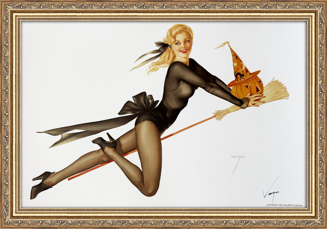 Alberto Vargas Signed Bewitched (Jack of Hearts), Playing Card 1953: This 11" x 17" Alberto Vargas pin-up print was created between 1979 and 1984 at a store called The Pin-up Shop in Las Vegas—a specialty boutique backed by Playboy President Derrick J. Daniels as a k