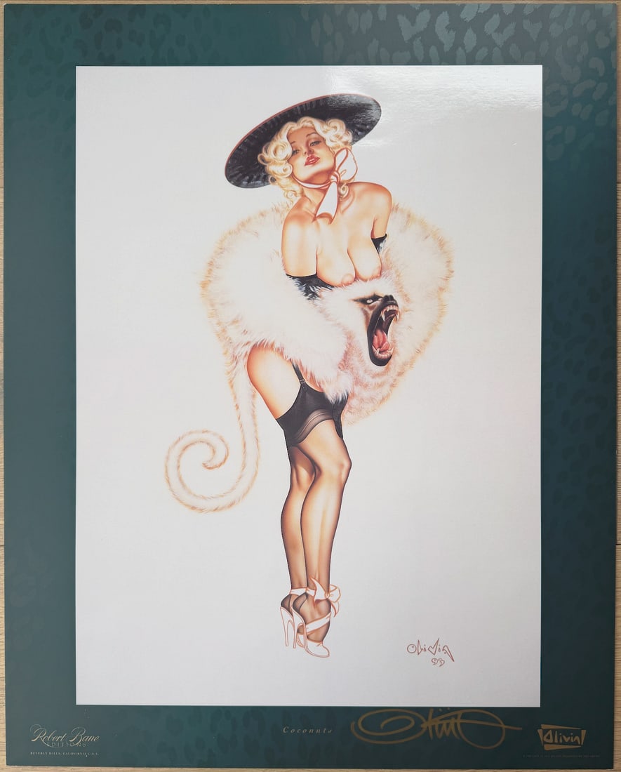 Olivia De Berardinis "Coconuts" Hand-Signed Lithograph: This is a bold, whimsical, and highly detailed hand-signed offset lithograph titled "Coconuts" by the legendary pin-up and erotic artist Olivia De Berardinis (b. 1948), whose glamorous airbrushed fant