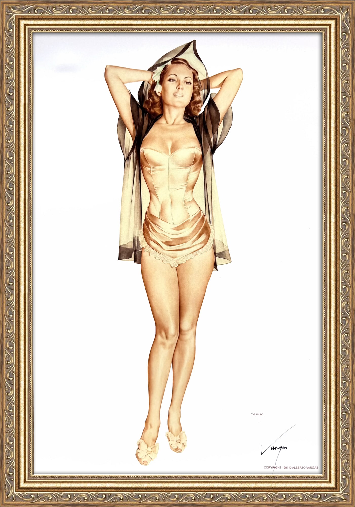 Alberto Vargas "Merry Widow" 1951: This 11" x 17" Alberto Vargas pin-up print was created between 1979 and 1984 at a store called The Pin-up Shop in Las Vegas—a specialty boutique backed by Playboy President Derrick J. Daniels as a k