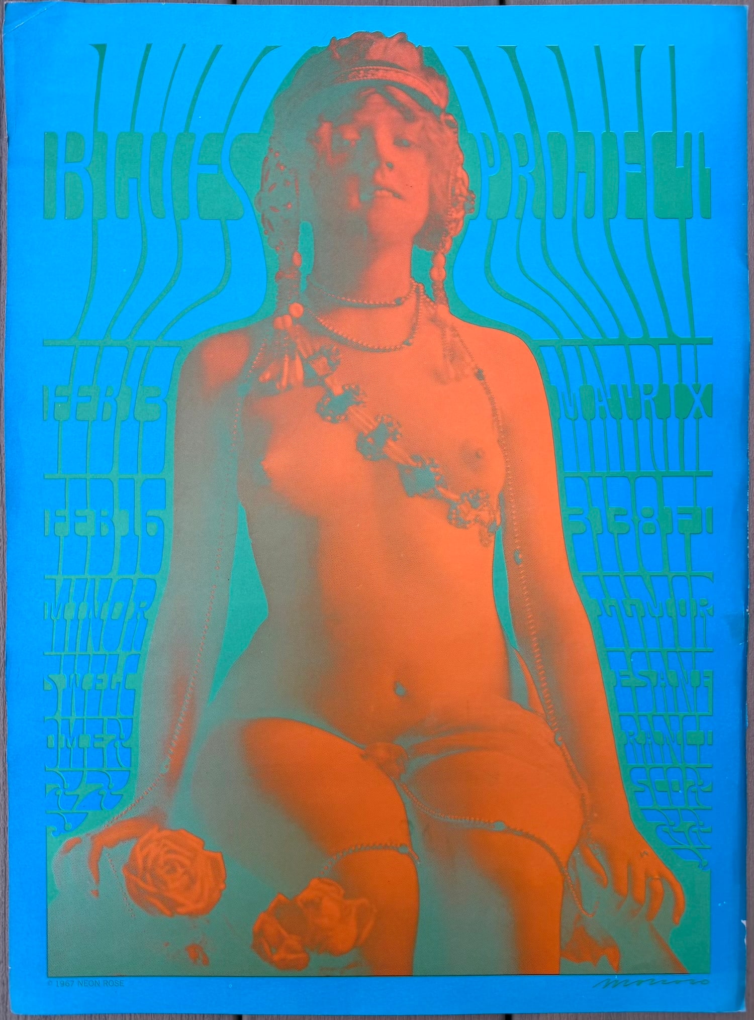 Victor Moscoso Neon Rose #6 – The Blues Project at The Matrix (1967): Iconic 1967 original psychedelic concert poster (Neon Rose NR-6) by Victor Moscoso for The Blues Project at San Francisco’s The Matrix. Striking negative-image portrait of a seated, jewelry-adorned 