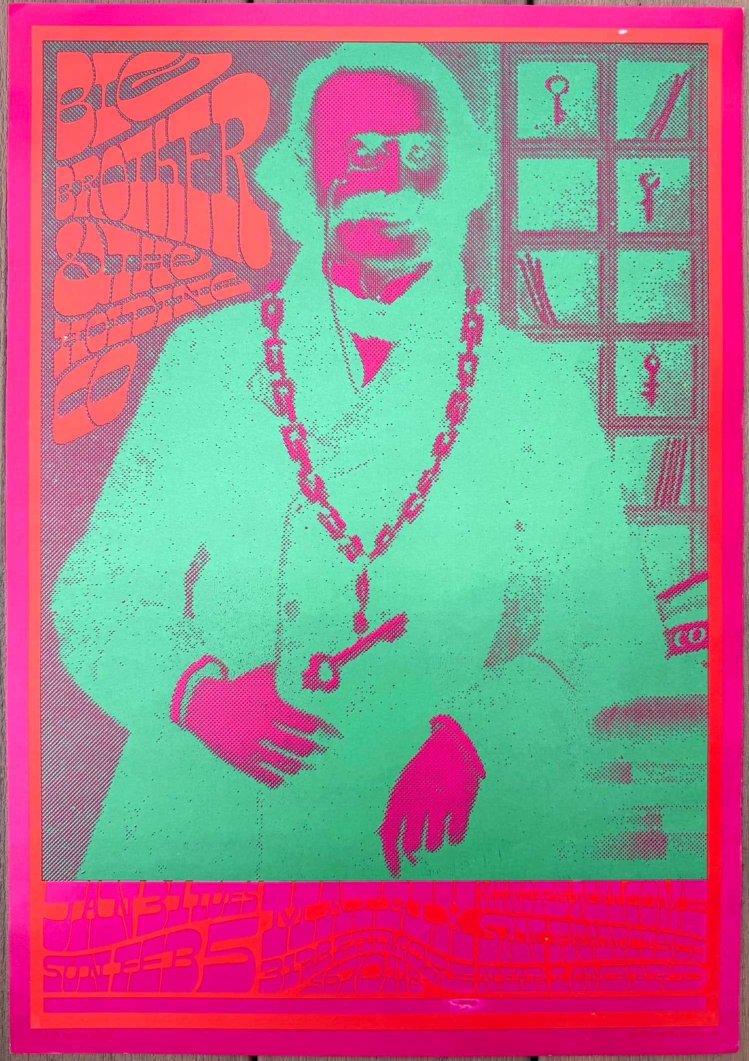 Victor Moscoso Neon Rose #3 – Big Brother & the Holding Company at The Matrix (1967): Outstanding 1967 original psychedelic concert poster (Neon Rose NR-3) by Victor Moscoso for Big Brother & the Holding Company at San Francisco’s The Matrix, January 31–February 5. Striking solariz