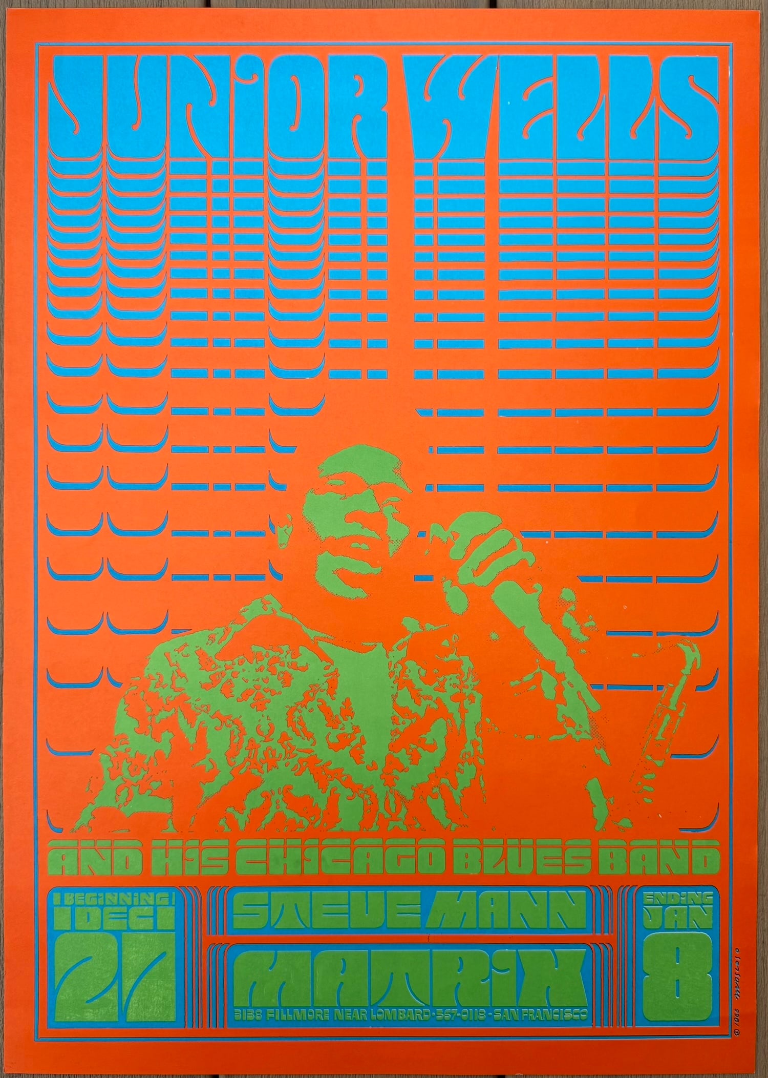 Victor Moscoso Neon Rose #1 – Junior Wells & His Chicago Blues Band at The Matrix (1966/67): Exceptional original 1966/1967 psychedelic concert poster (Neon Rose NR-1), the inaugural design in Victor Moscoso’s legendary series, for Junior Wells and His Chicago Blues Band with Steve Mann at 