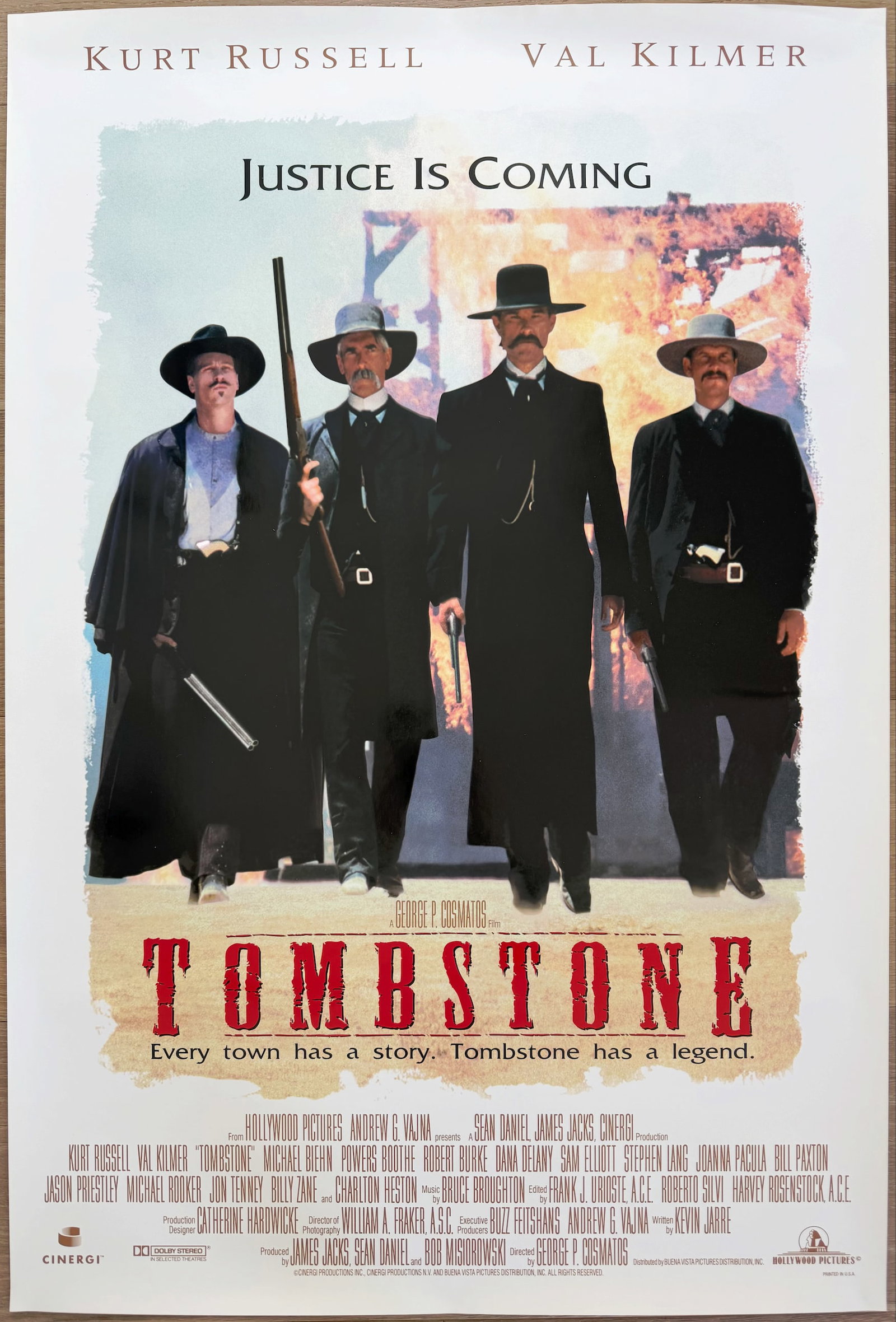 Original 1993 Tombstone Double-Sided Movie Poster - Kurt Russell & Val Kilmer: Authentic original theatrical one-sheet movie poster for the classic 1993 Western Tombstone, starring Kurt Russell (Wyatt Earp), Val Kilmer (Doc Holliday), and an all-star cast including Michael Biehn
