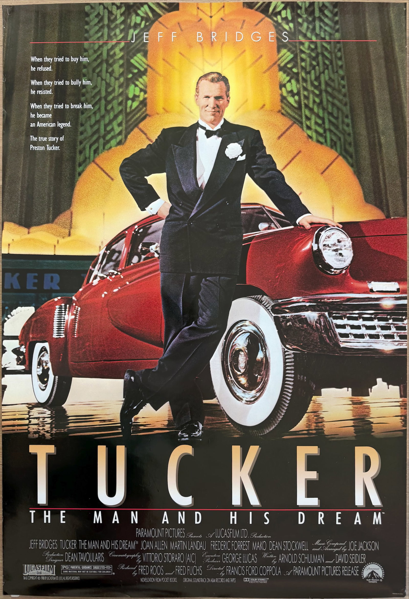 Original 1988 Tucker: The Man and His Dream Double-Sided Movie Poster - Jeff Bridges: Authentic original theatrical one-sheet movie poster for the 1988 biographical drama Tucker: The Man and His Dream, directed by Francis Ford Coppola and starring Jeff Bridges as Preston Tucker. This s