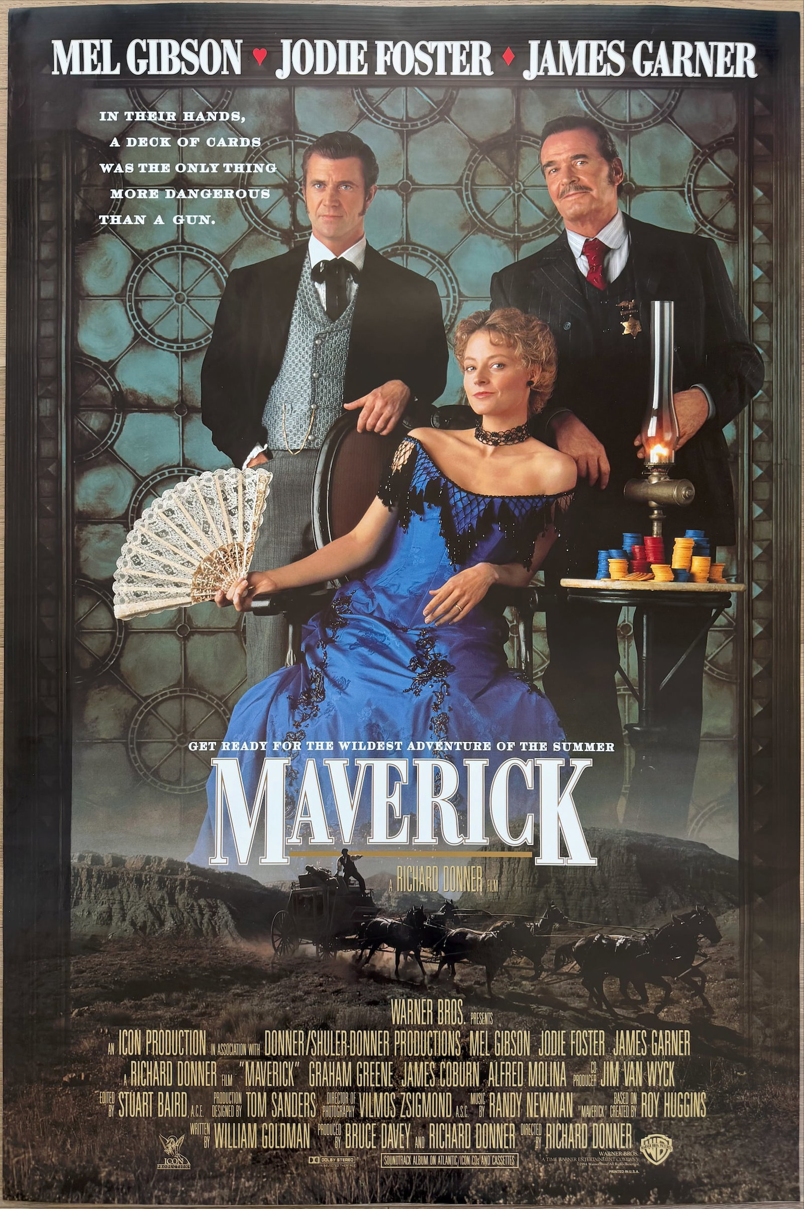 Original 1994 Maverick Double-Sided Movie Poster - Mel Gibson, Jodie Foster, James Garner: Authentic original theatrical one-sheet movie poster for the 1994 Western comedy Maverick, directed by Richard Donner and starring Mel Gibson, Jodie Foster, and James Garner. This eye-catching design 