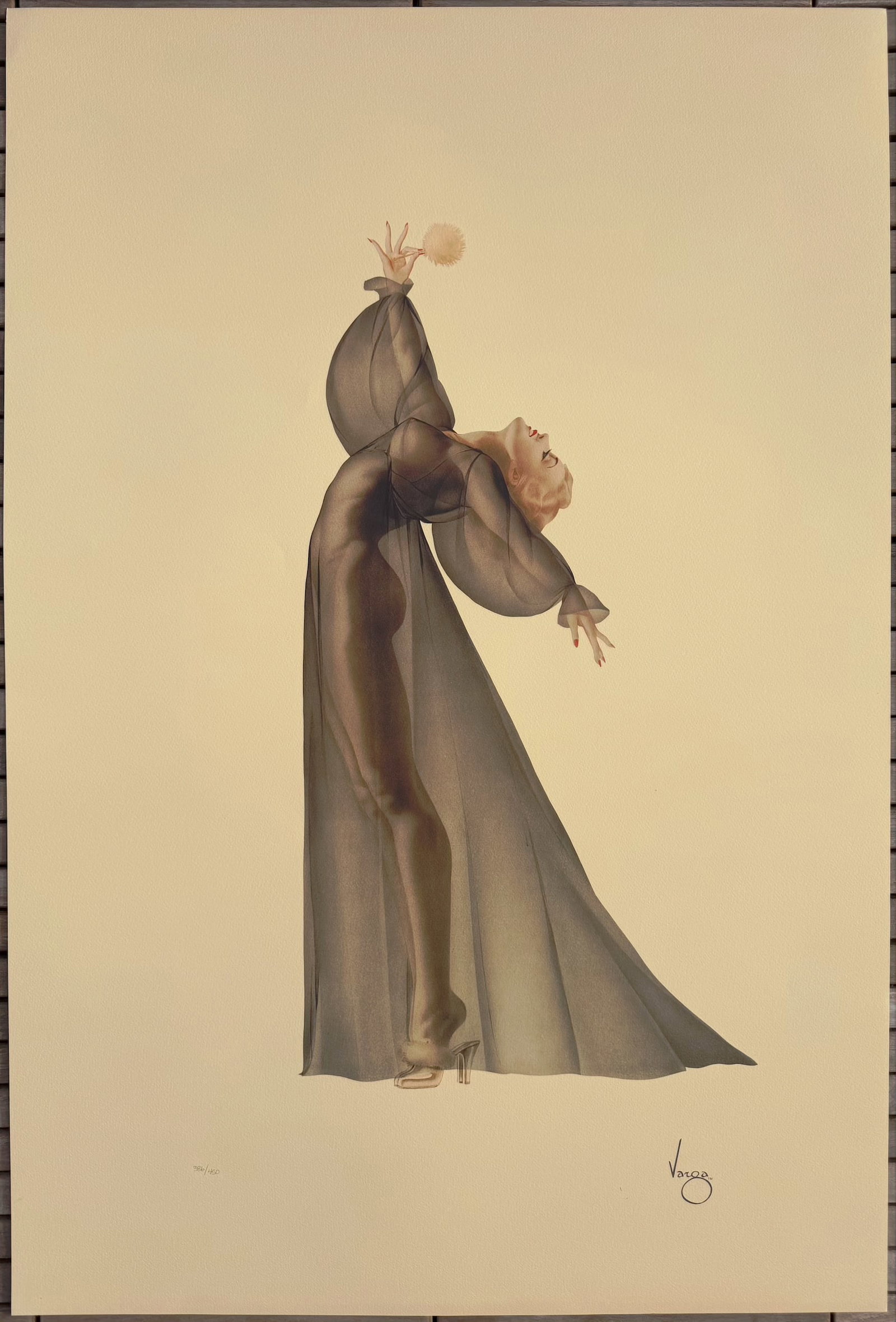 Alberto Vargas "Sheer Elegance" San Francisco Art Exchange 386/450: Alberto Vargas's lithograph "Sheer Elegance" is a captivating example of his iconic pin-up style. It features a graceful, statuesque woman posed with poise and subtle sensuality, rendered in his signa