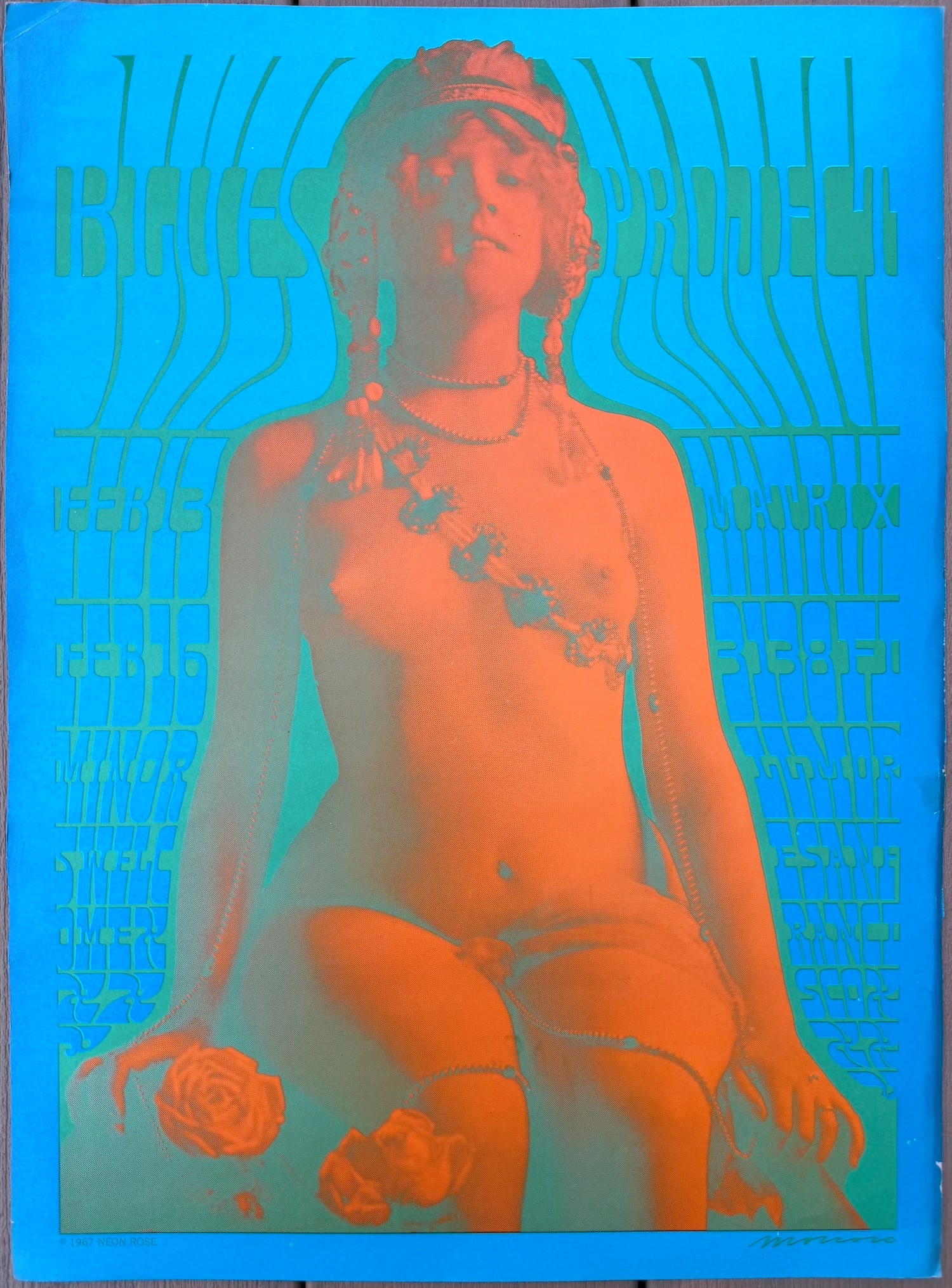 Victor Moscoso Neon Rose #6 – The Blues Project at The Matrix (1967): Iconic 1967 original psychedelic concert poster (Neon Rose NR-6) by Victor Moscoso for The Blues Project at San Francisco’s The Matrix. Striking negative-image portrait of a seated, jewelry-adorned 