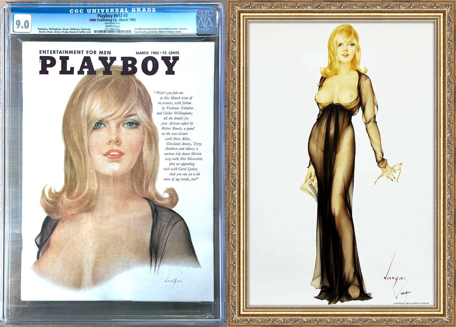 Alberto Vargas 1965 Playboy Cover Carol Lynley CGC Grad 9.0 With Signed 11" x 17" Print: This is an authentic original March 1965 issue of Playboy graded CGC Universal 9.0 It features the classic Alberto Vargas cover illustration of actress Carol Lynley. This issue is also notable for con