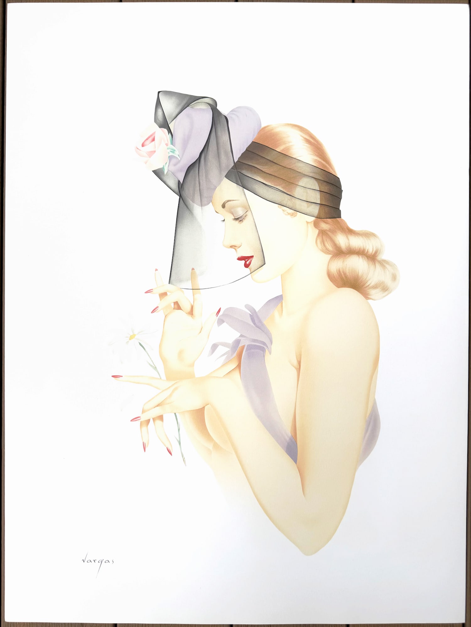 Alberto Vargas "He Loves me" Limited Edition Lithograph 1939: This is a stunning collector's print of "He Loves Me," originally painted by Alberto Vargas in 1939 and featured in Playboy's January 1968 Vargas retrospective. Printed in 1989 by Playboy and Mirage E