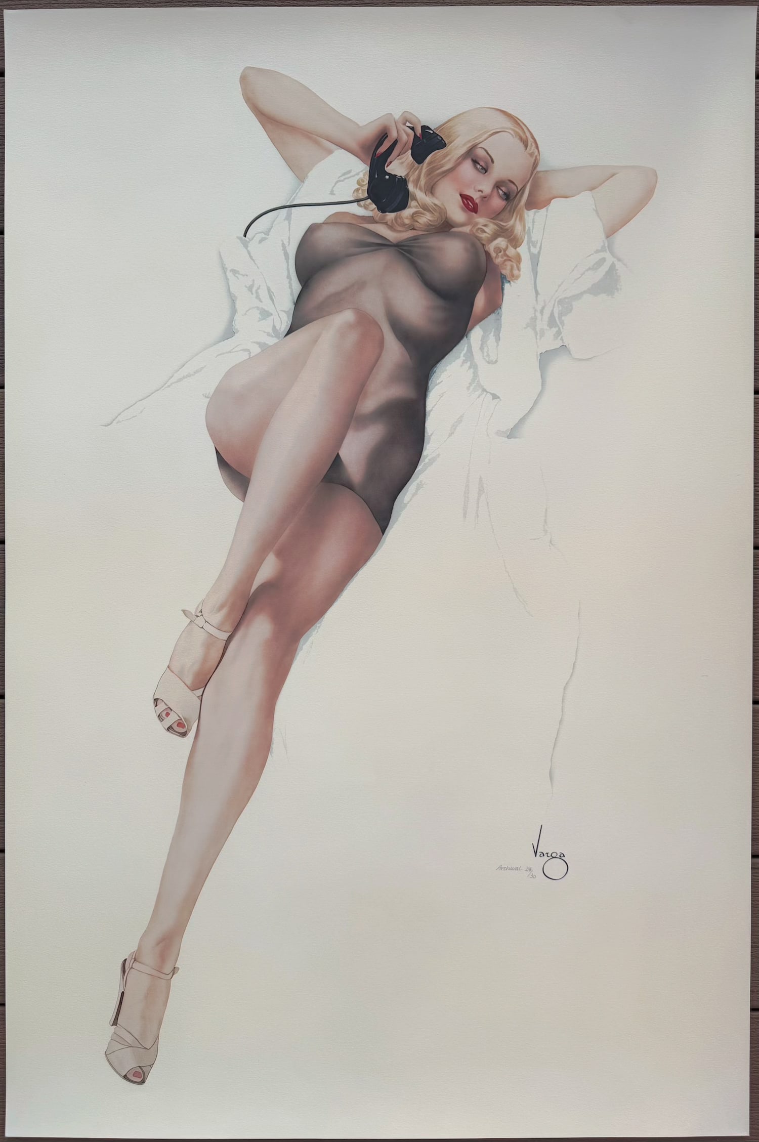Alberto Vargas "First Love" 8/200 San Fransisco Art Exchange 1986 Opalesque Paper: This painting is historic in that it was the very first Vargas Girl ever published by Esquire magazine. It appeared as a gatefold in the October 1940 issue. This blonde beauty, whispering words of pas