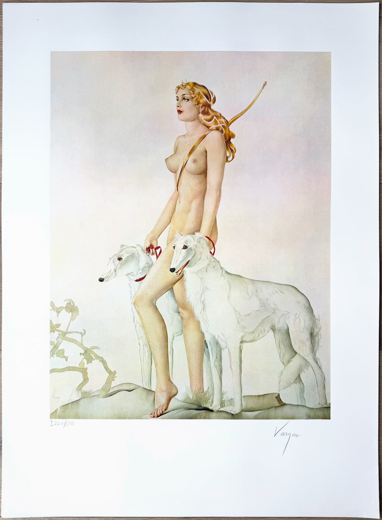 Alberto Vargas "Diana The Huntress" Lithograph 1978 - 220/500: Diana The Huntress, a golden haired amazon nude with her bow strung across her back, holding two snow white Borzoi Russian hunting dogs, will make a wonderful edition to any home or important collecti