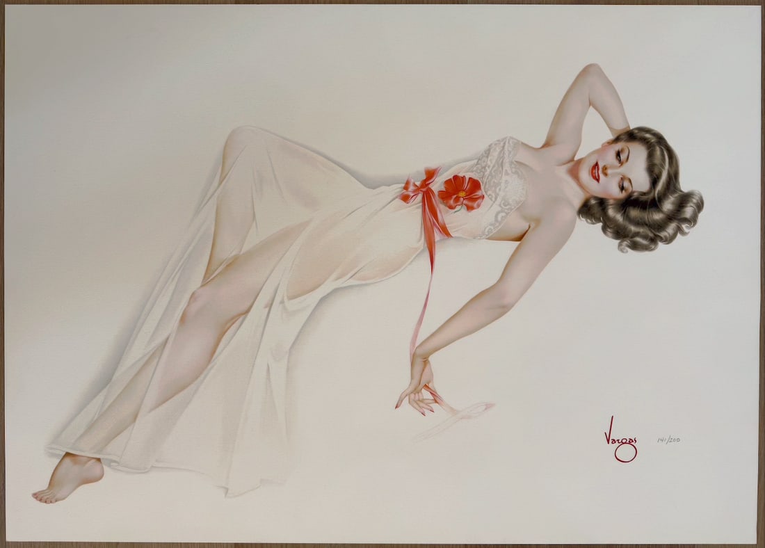 Alberto Vargas "Red Ribbon" 141/200: "Red Ribbon" is an image of subtle charm and grace. From her sensitive portrait and luxuriant hair, to the ethereal drapery of her gown, this reclining beauty exemplifies Vargas' pure admiration of th