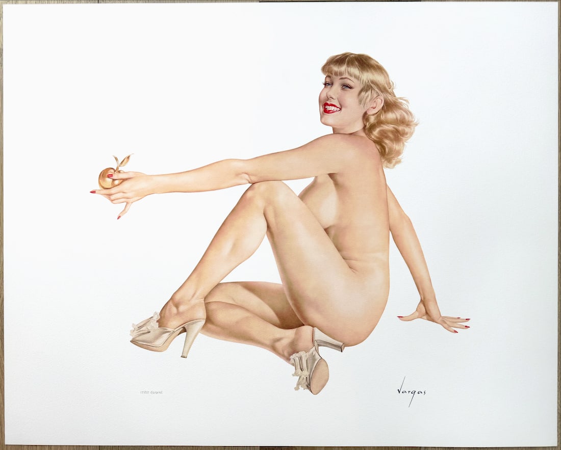 Alberto Vargas "Legacy Nude #10: Apple Girl" (1955) Limited Edition Lithograph 17/50: Grand, vivacious and animated, her shining essence cannot be ignored. While her golden tresses enchant, the golden apple provokes speculation.