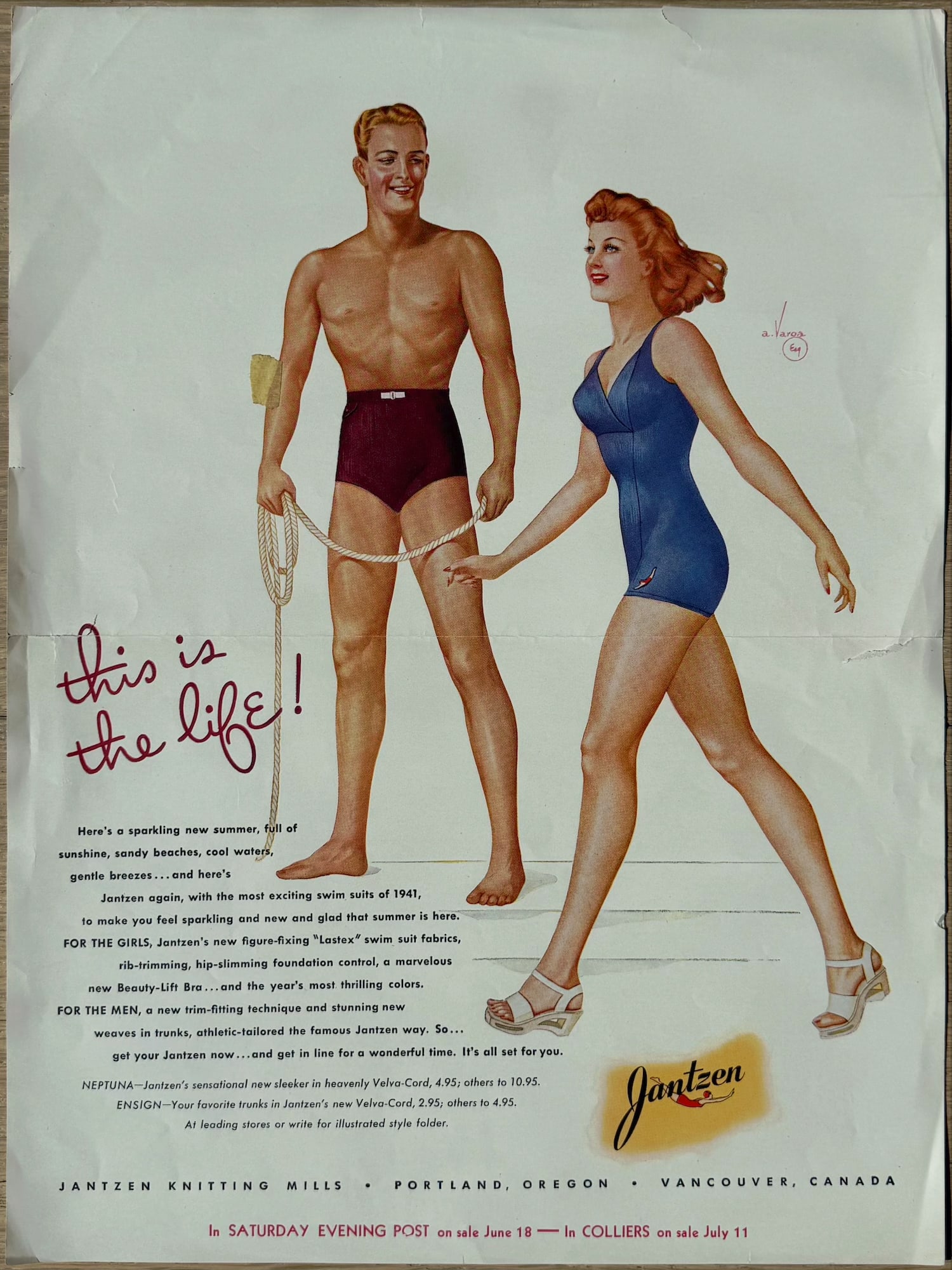 Alberto Vargas Artist Proof for Jantzen Beach Swimwear: This is a 1941 print advertisement for Jantzen swimwear featuring artwork by Alberto Vargas.