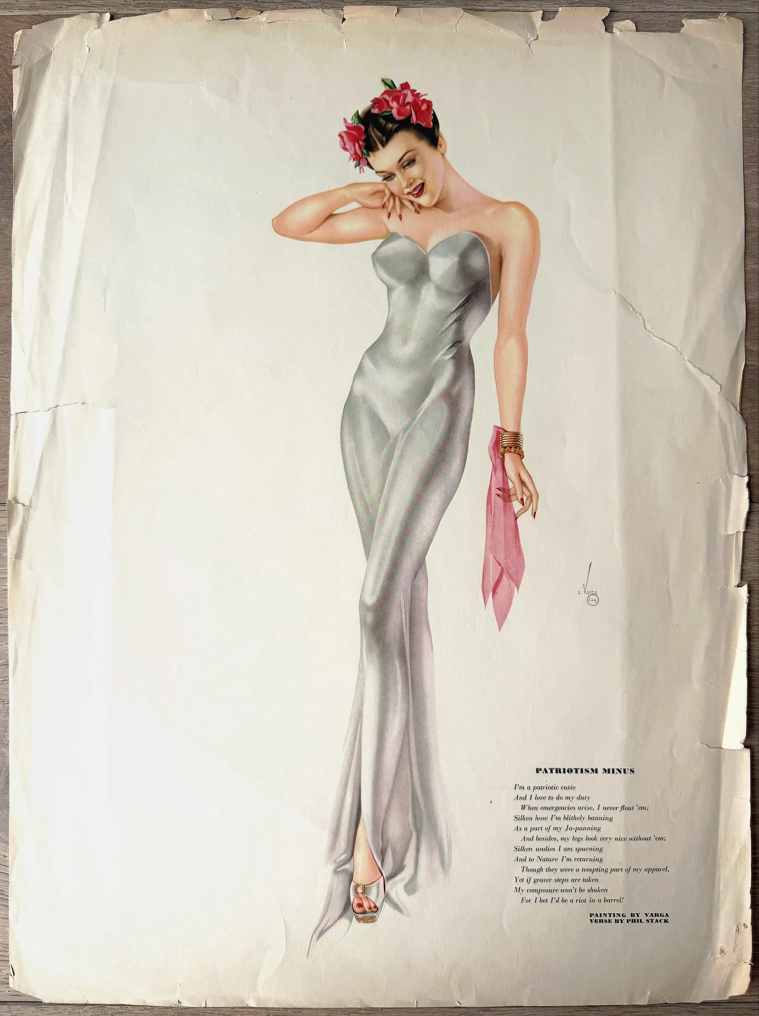 Alberto Vargas Artist Proof Esquire November 1941 Varga Centerfold Pinup: This piece is a proof image for the Albert Vargas Esquire November 1941 issue release it does not have any printing on the back as it was used as a test image for Esquire Magazine.