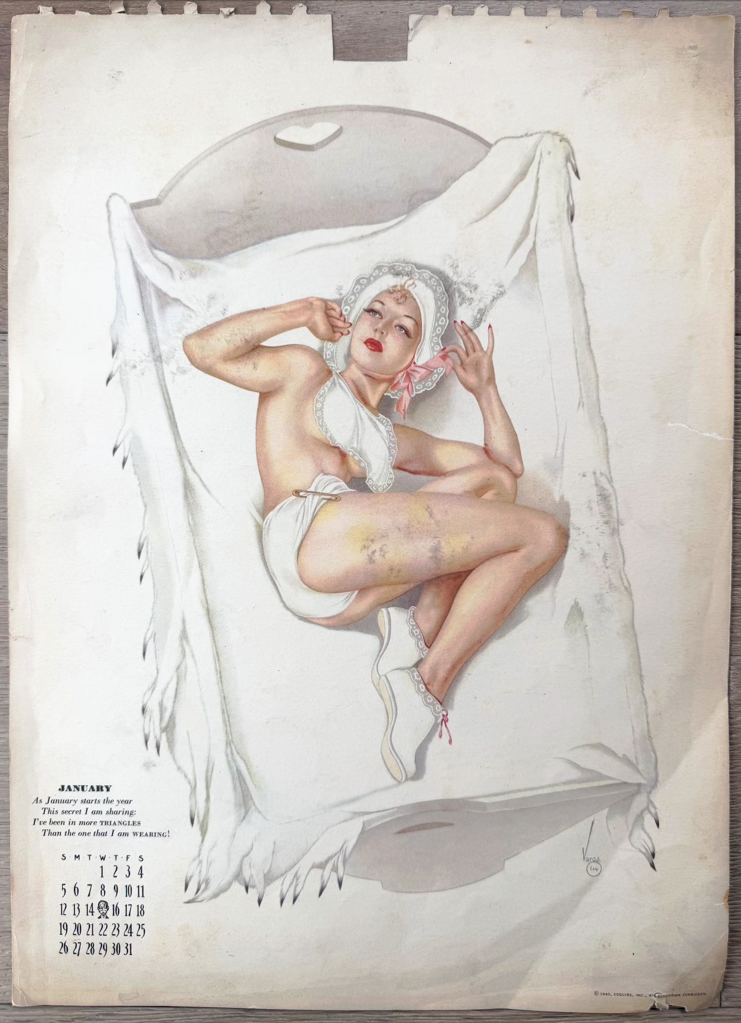Alberto Vargas Esquire Artist Proof Calendar November 1940: This striking vintage printer's proof features two iconic Alberto Vargas pin-up girls in classic glamorous poses—one in a sheer black bodysuit with floral crown and strappy heels, dynamically posed 