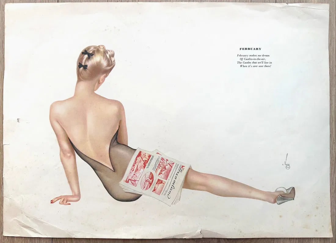 Alberto Vargas Esquire Calendar Artist Proof February 1942: Alberto Vargas Esquire classic: blonde beauty viewed from behind in sheer black stockings and heels, black bows in her hair, casually reading a magazine with legs elegantly extended. Features original