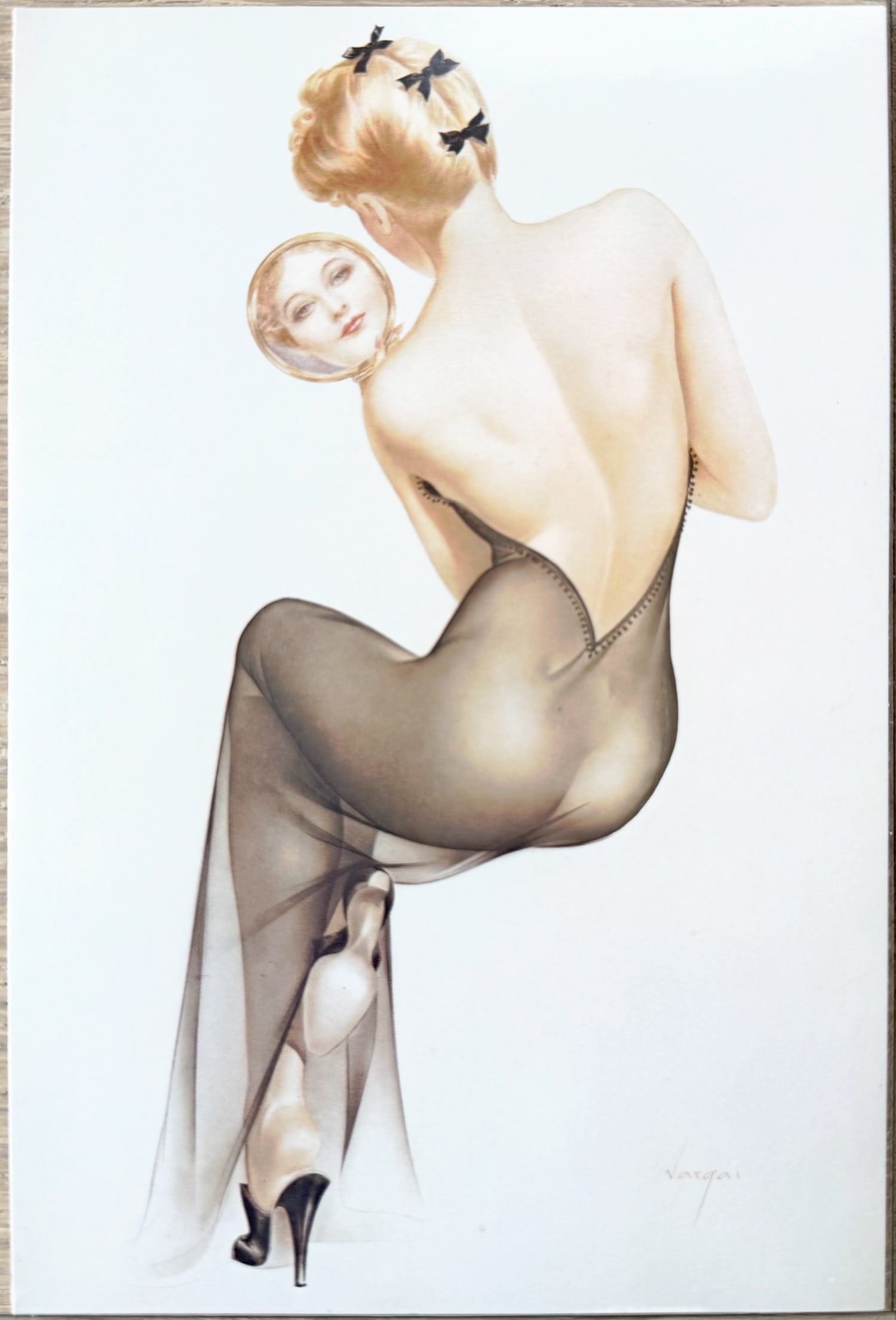 Alberto Vargas Pin-up “Blonde with Feather?? 1979 Postcard: Vintage Alberto Vargas postcard featuring a stunning, elegant blonde pin-up viewed from behind. The graceful figure is seated, wearing sheer stockings with a back seam and black high heels, with black